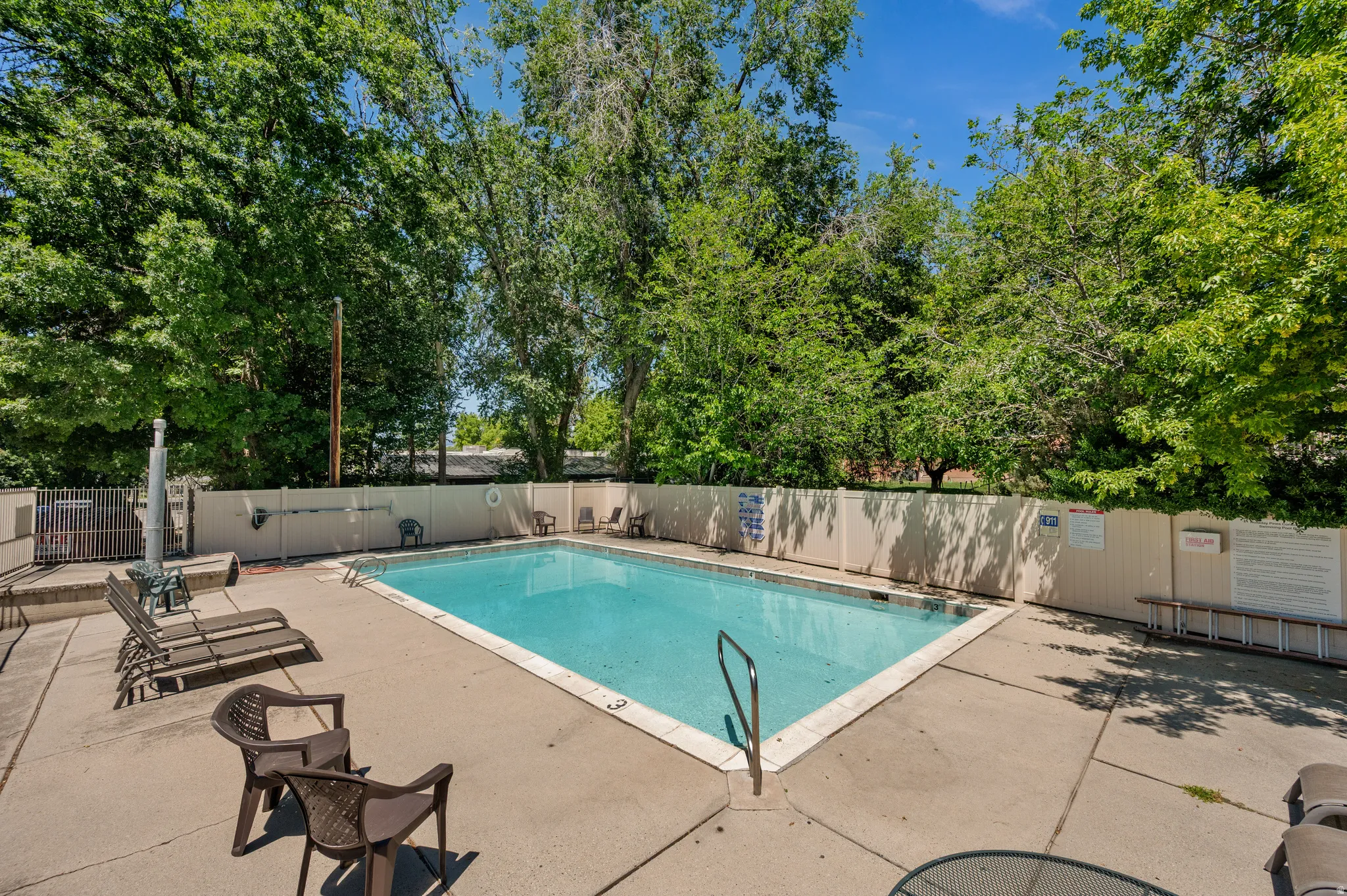 Outdoor swimming pool with concrete decking, surrounded by mature trees, and privacy fencing