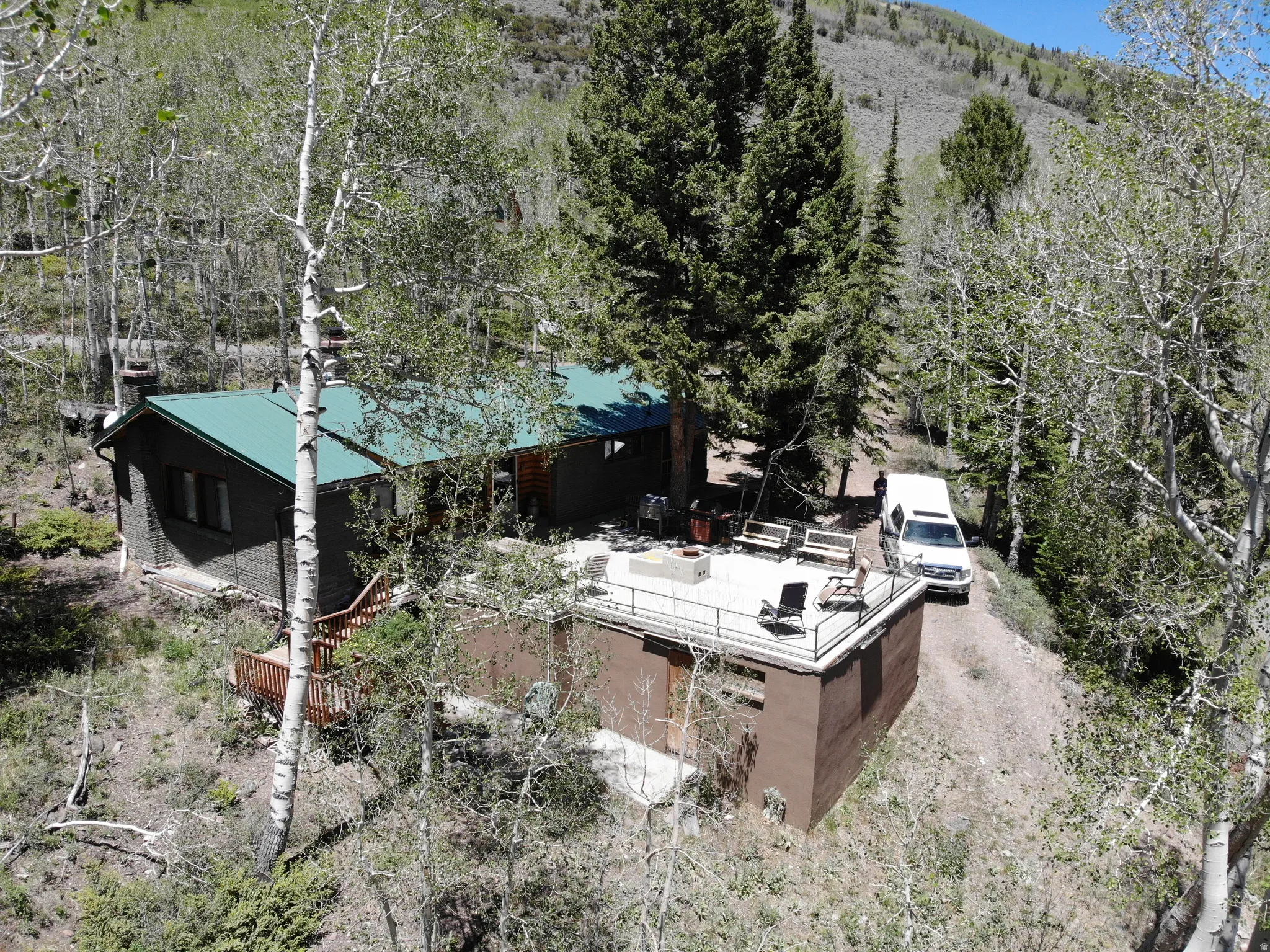 Mountain property featuring a dark-colored exterior with a green metal roof