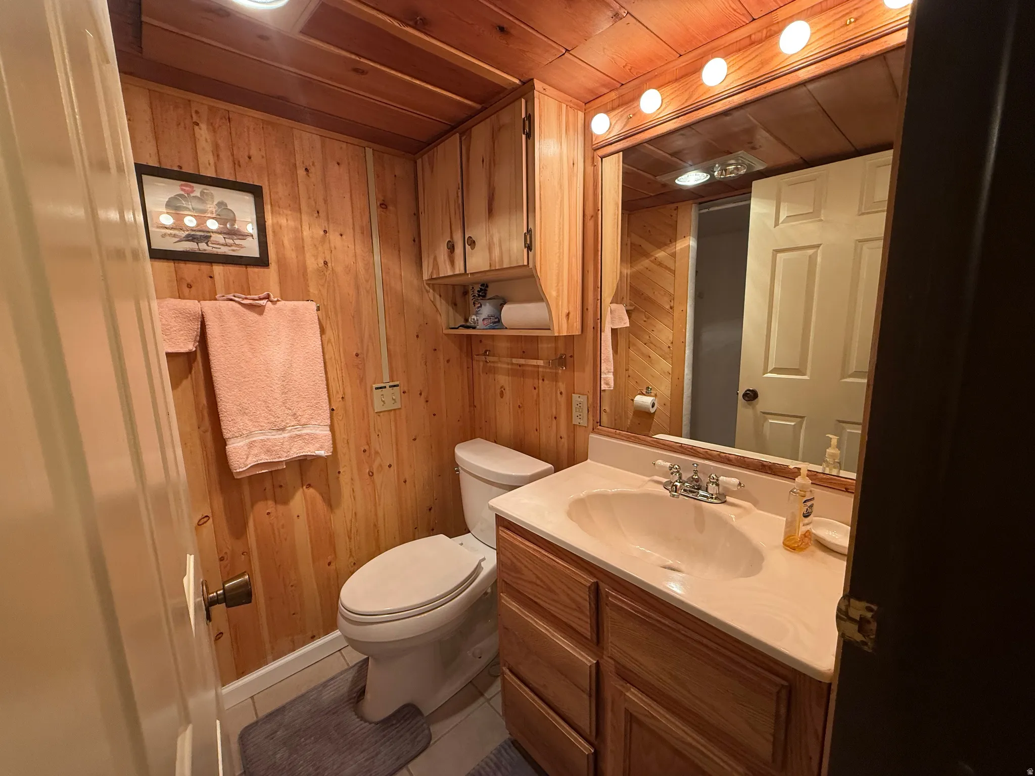 Wood-paneled bathroom featuring a vanity with integrated sink, chrome faucet, and overhead bar lighting