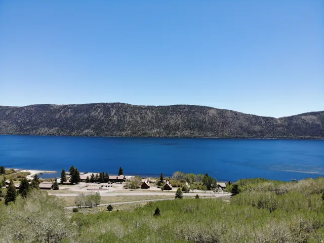 Expansive lakefront setting featuring several structures, a sandy shoreline, and mature trees