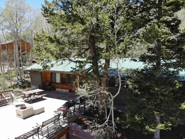 Log cabin-style residence featuring a green metal roof