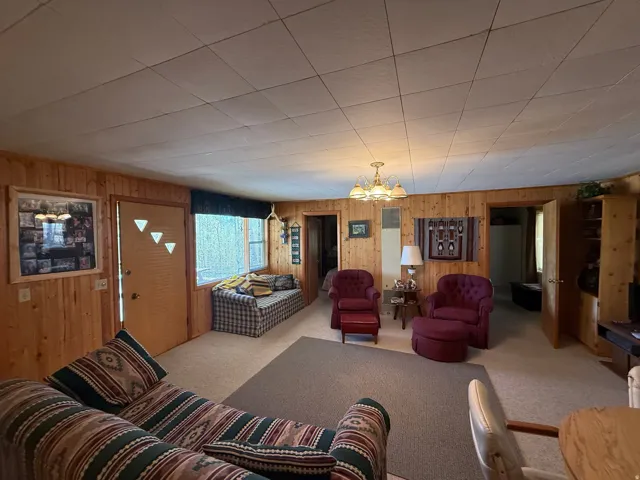 Living room with natural wood-paneled walls, a drop ceiling, and carpet flooring