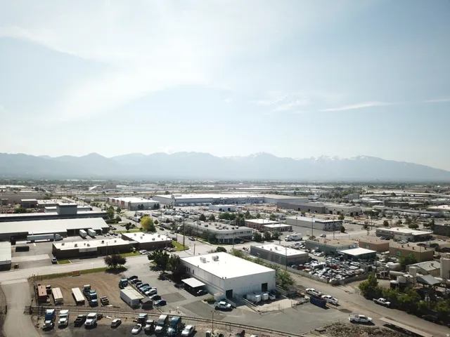 Aerial perspective showcasing commercial properties and industrial buildings