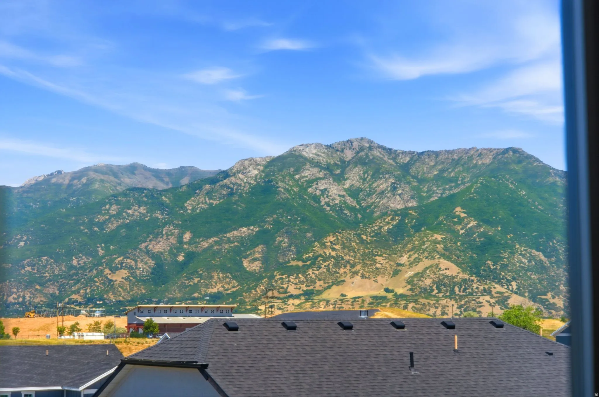 Mountain range backdrop featuring varied green and brown foliage under a clear blue sky