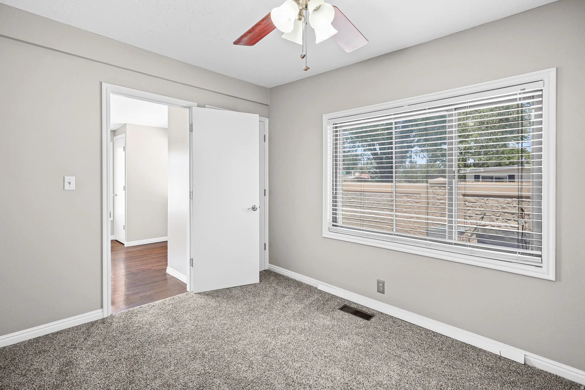 Carpeted room with a ceiling fan, a large window featuring horizontal blinds, and light gray wall paint