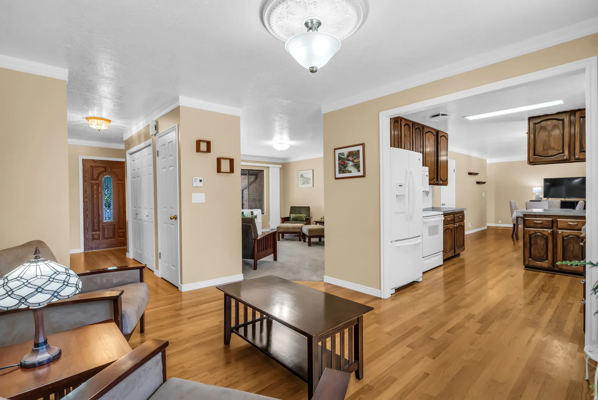 Wood-finish flooring throughout the main living areas