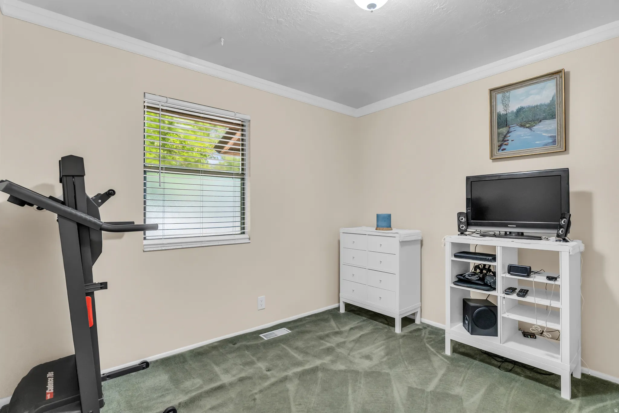 Carpeted room with a single window featuring horizontal blinds