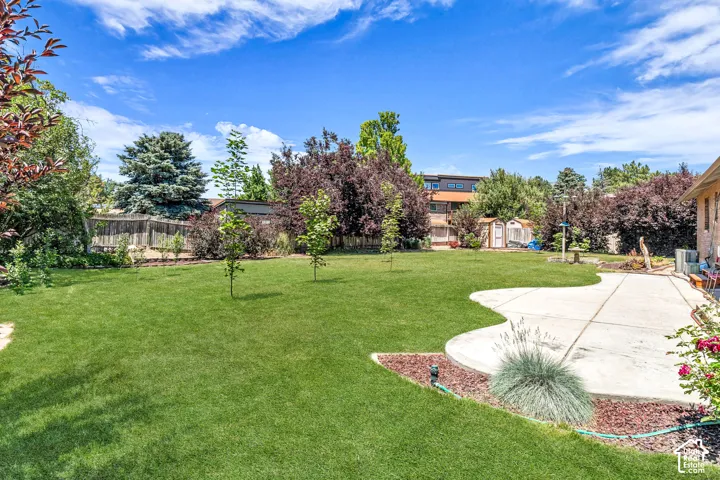 Expansive green lawn with mature trees and a patterned concrete patio