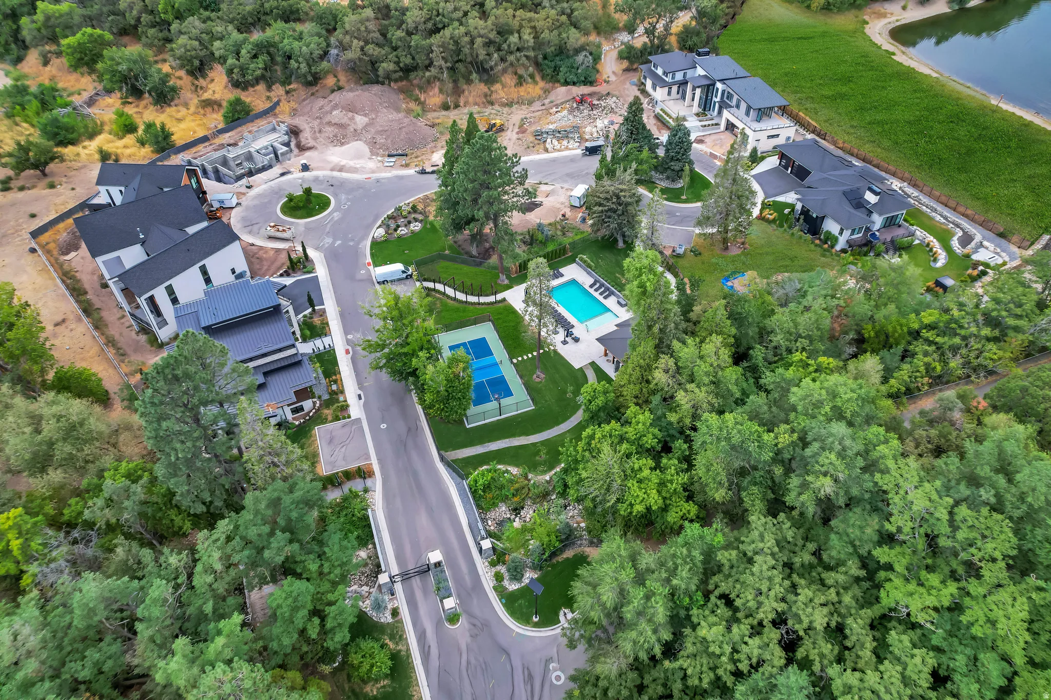 Aerial perspective showcasing a residential community with contemporary architecture