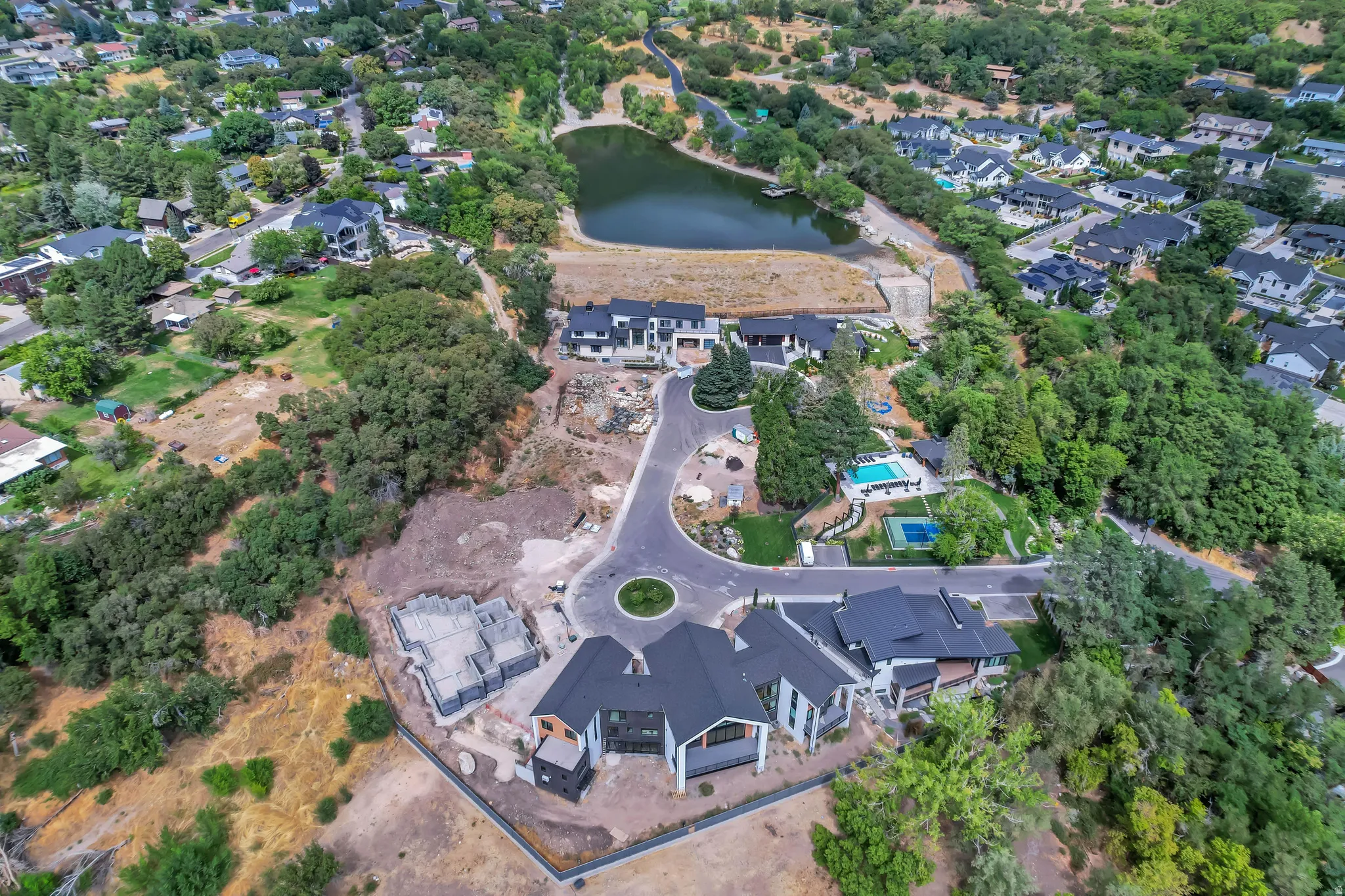 Aerial perspective showcasing a residential development with established and under-construction properties