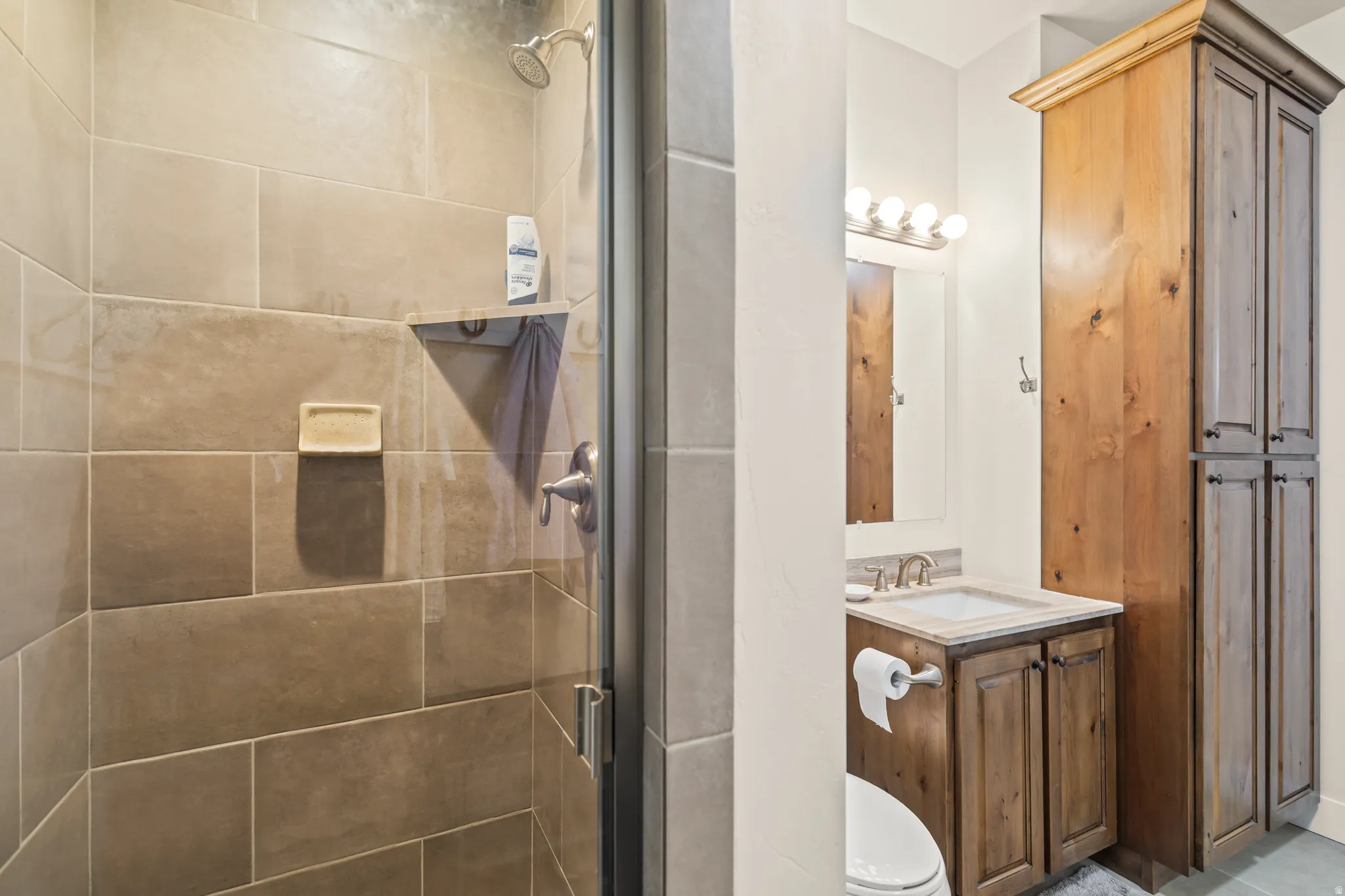 Bathroom featuring a glass-enclosed shower with large format tile, a built-in shower niche, and a contrasting vanity with a stone countertop
