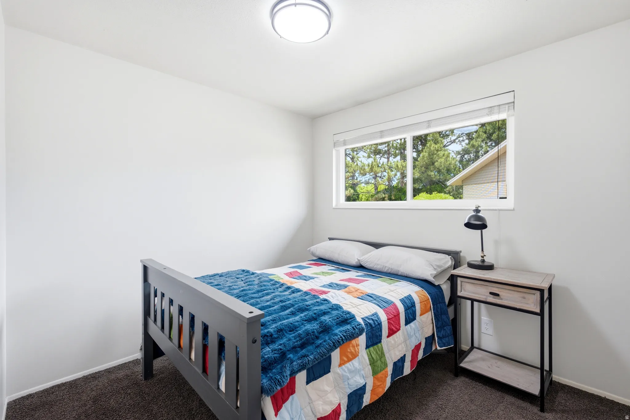 Bright interior space featuring a double-pane window, flush-mount ceiling light, and wall-to-wall carpeting