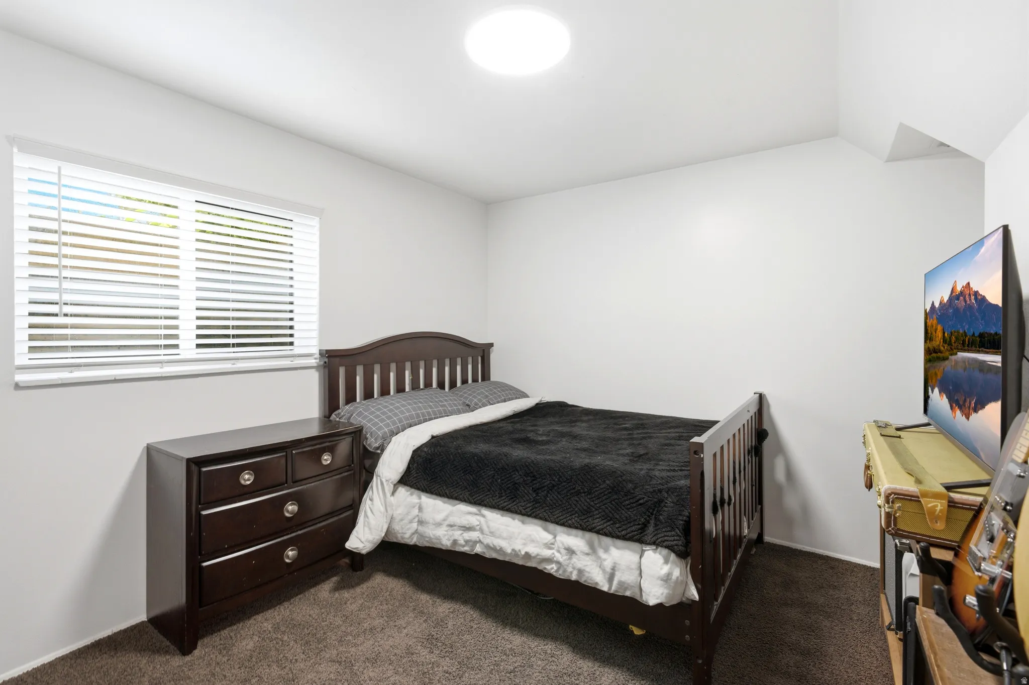 Bedroom featuring a window with horizontal blinds, overhead flush-mount lighting, and carpet flooring