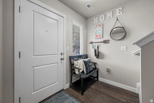 Entryway featuring a paneled white door, wood-finish flooring, and light gray walls