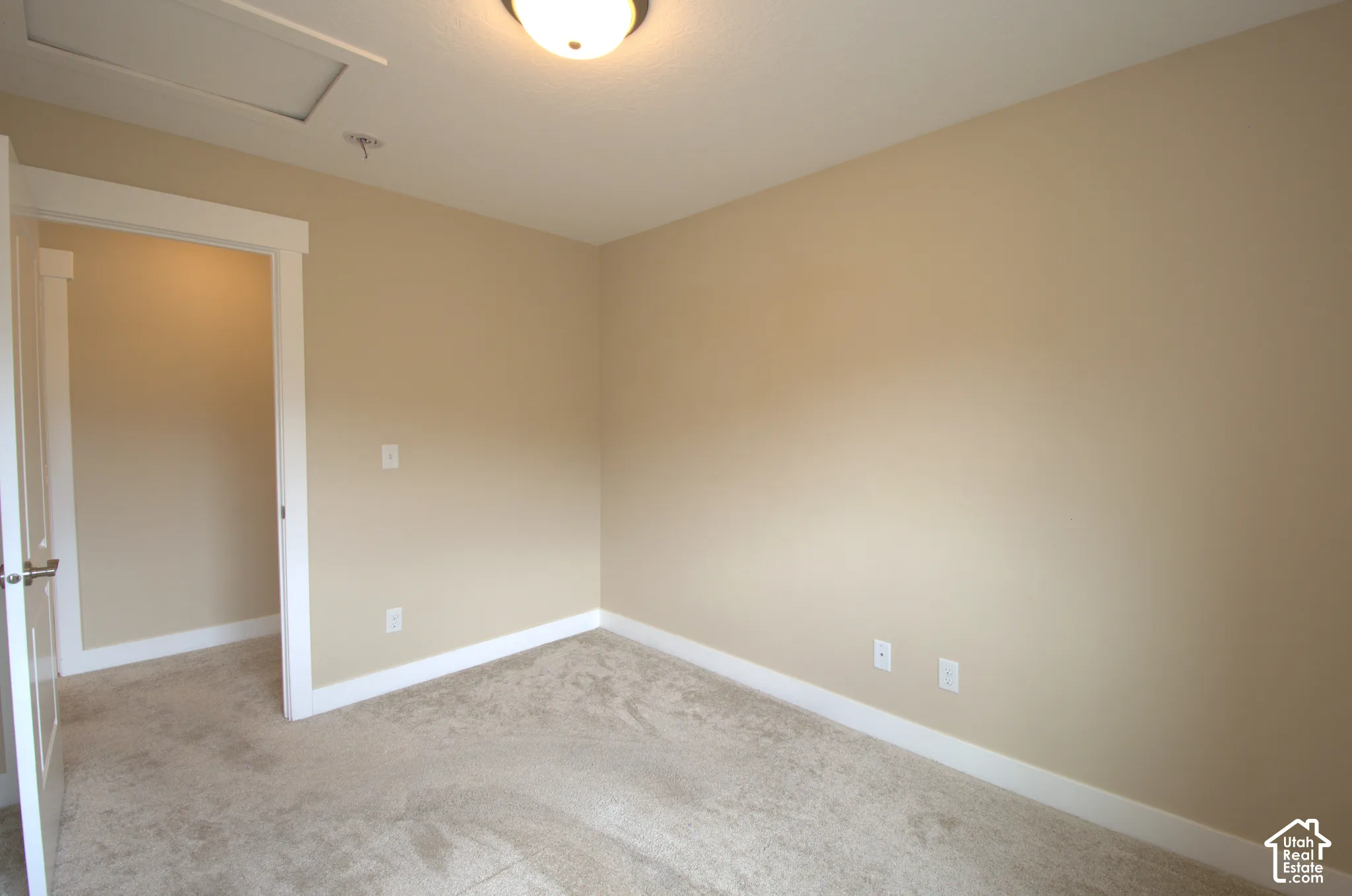 Neutral-toned room featuring light beige walls and soft gray carpeting