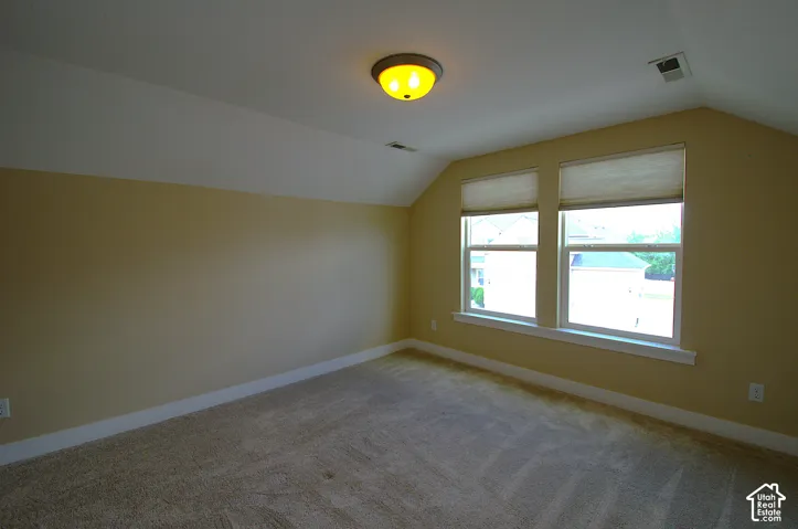 Spacious room featuring sloped ceilings, two large windows with blinds, a flush-mount ceiling light, and neutral-toned carpeting