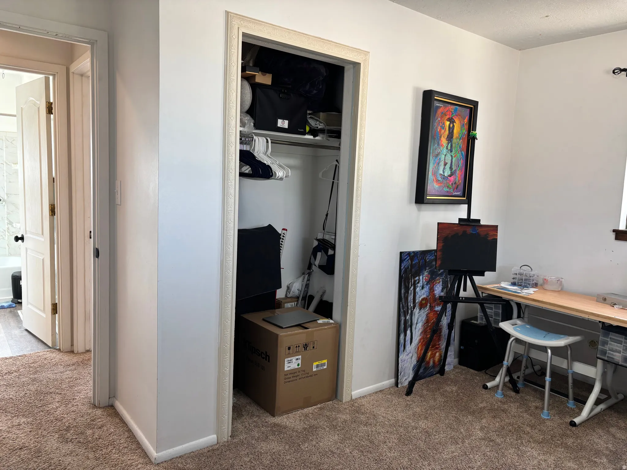 Carpeted room featuring a built-in closet with white shelving and a hanging rod, white painted walls, and a light-colored wood-finish desk surface