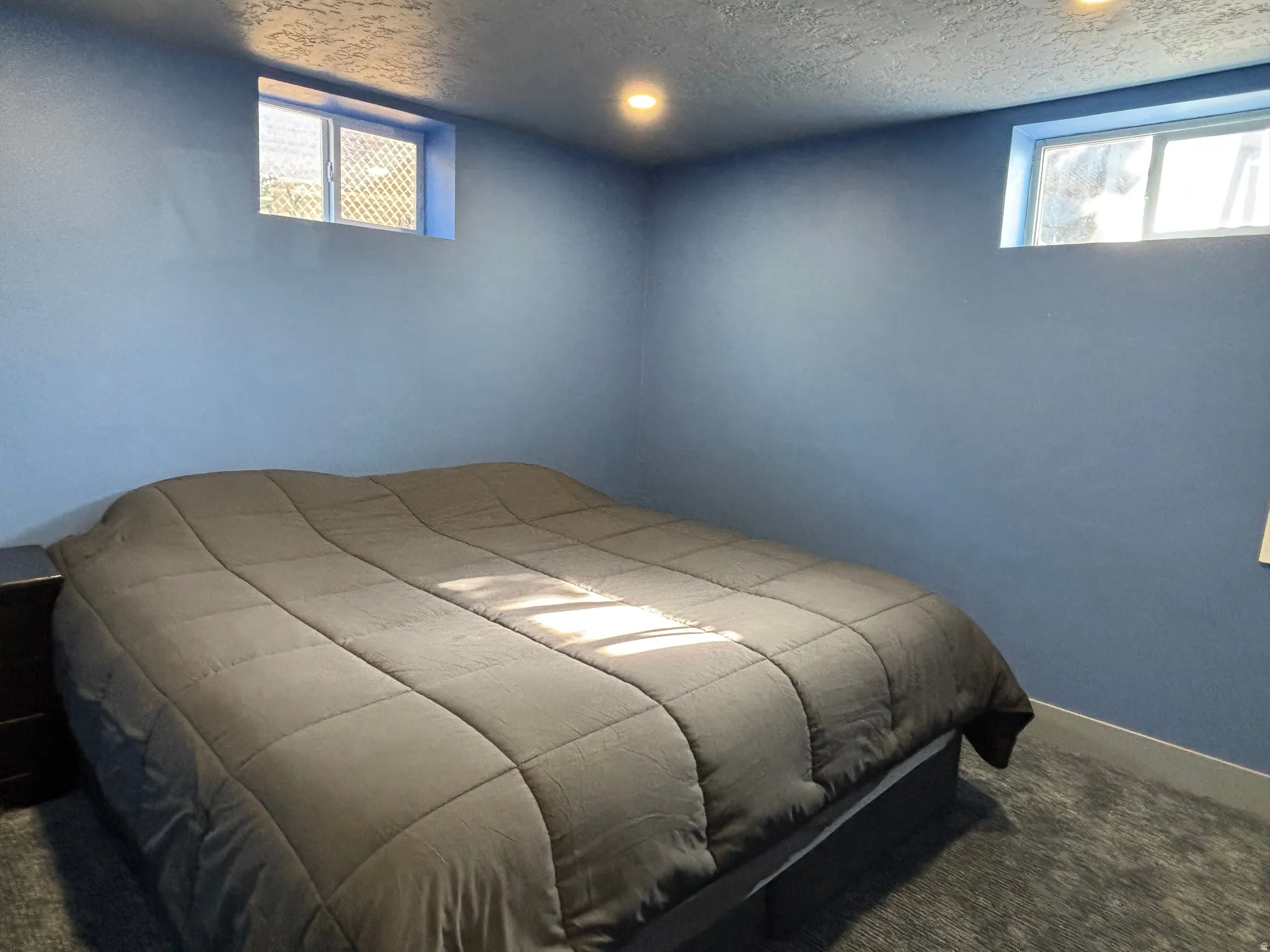 Carpeted room featuring blue painted walls and two rectangular windows with white frames. For reference this is a king size bed.