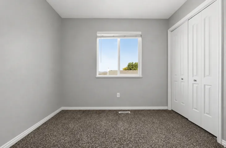Neutral gray wall paint, white trim, and dark carpeting