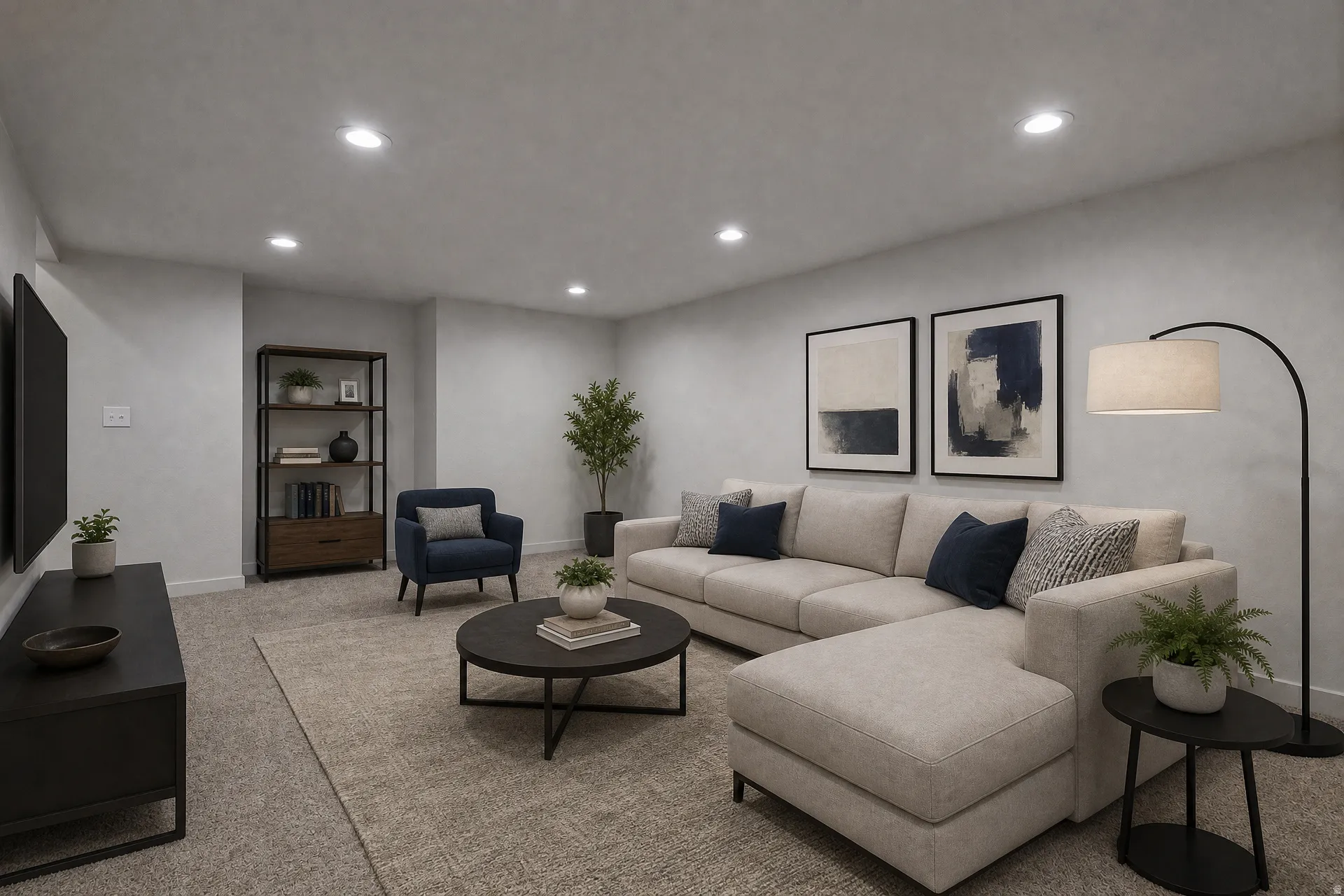 Spacious living area featuring recessed lighting, light gray wall finish, and soft carpet flooring