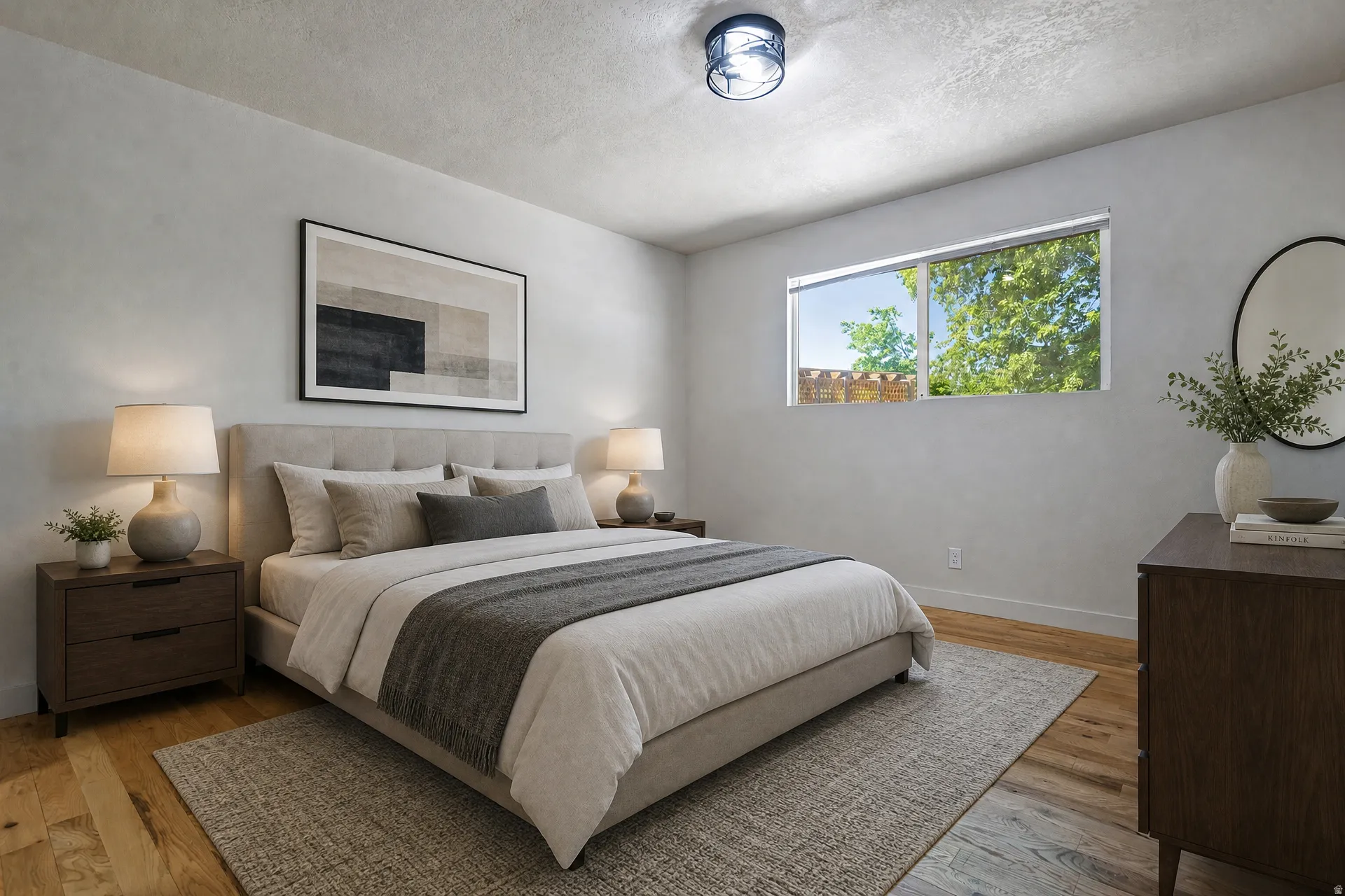Spacious bedroom featuring wood-finish flooring, a contemporary ceiling light fixture, and a large window