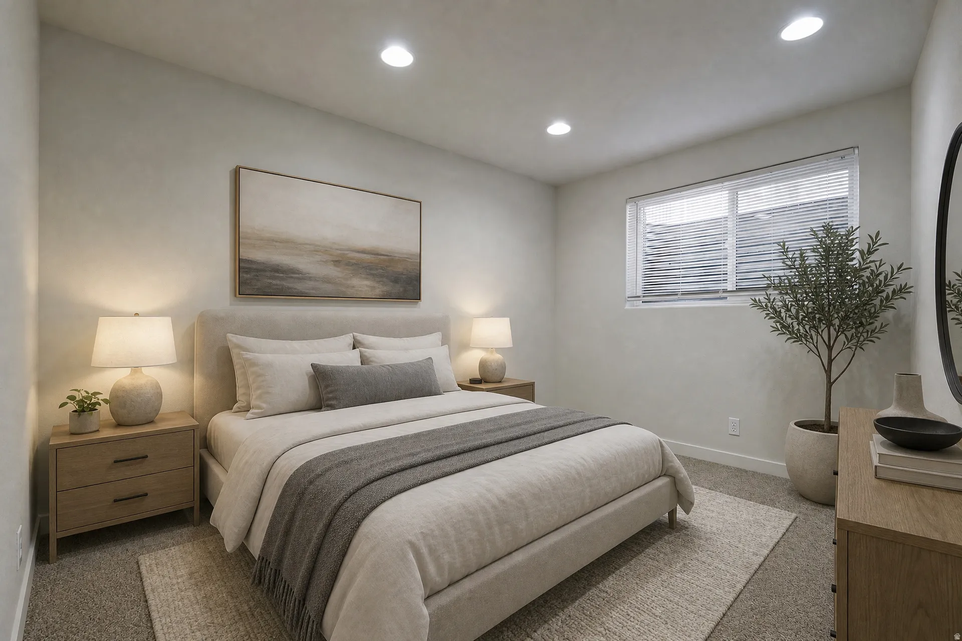 Recessed lighting illuminating the room, featuring a window with blinds, light-toned walls, and carpeting