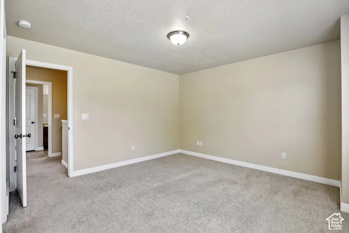 Carpeted room featuring neutral wall tones, white baseboards, and a semi-flush mount ceiling light