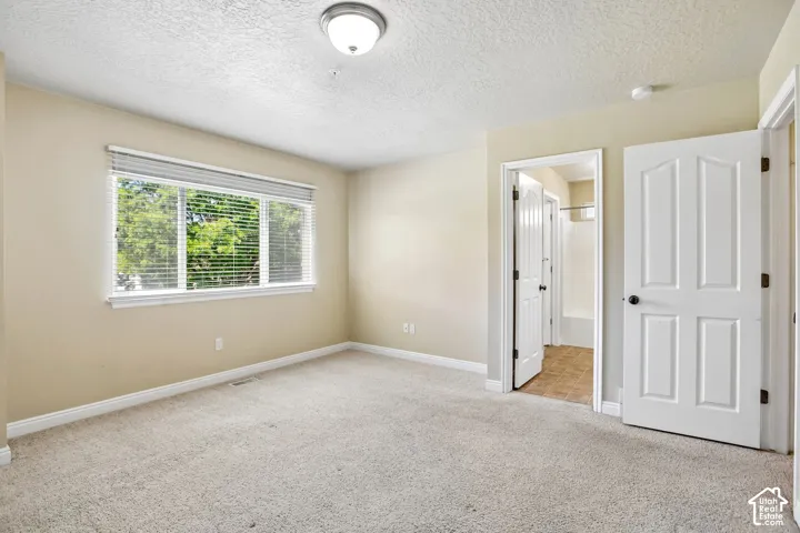 Carpeted room featuring a multi-pane window with blinds, a ceiling-mounted light fixture, and two interior doors