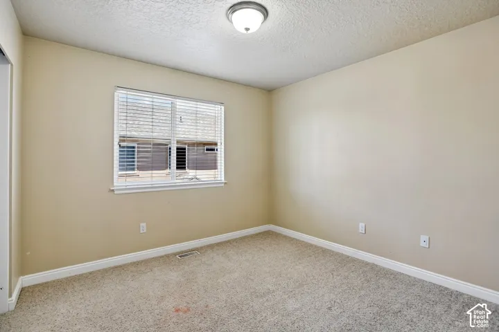 Carpeted room featuring a white-framed window with blinds, neutral-toned walls, white baseboards, and a flush-mount ceiling light fixture