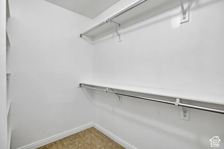 Primary bedroom Walk-in closet featuring white walls, carpeting, and integrated shelving and chrome hanging rods
