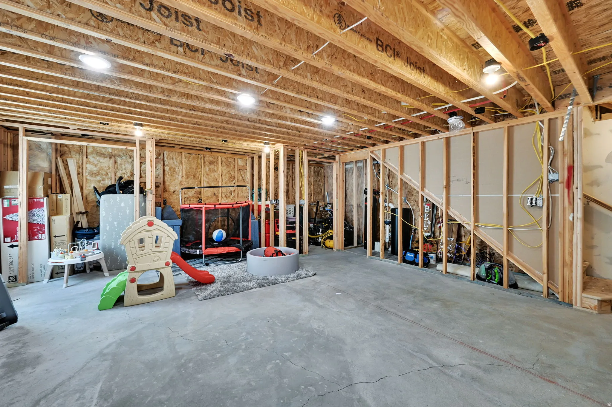 Framed Basement for family room with fireplace and bathroom