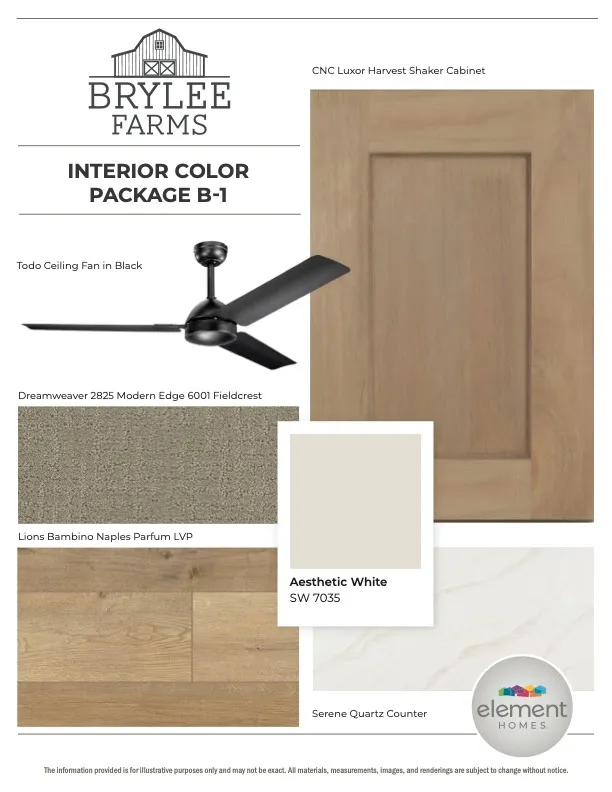 Interior Color Package B-1. Presenting a selection of finishes and fixtures for the property