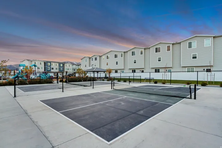 Community recreational courts featuring two pickleball courts with concrete surfacing and black netting