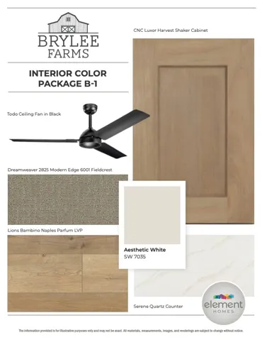 Interior Color Package B-1. Presenting a selection of finishes and fixtures for the property