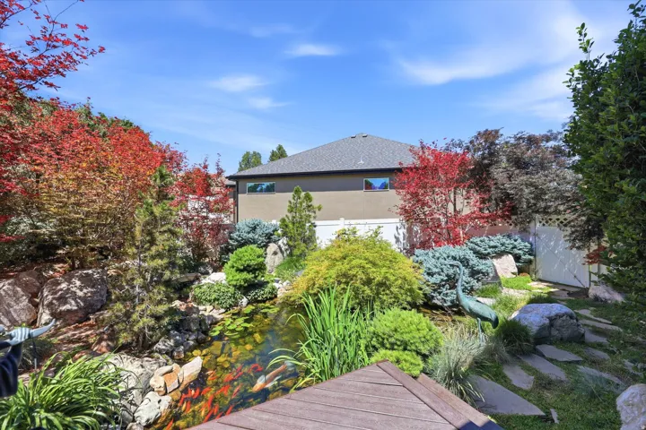 Landscaped backyard featuring a koi pond, flagstone path, mature trees, and diverse shrubbery