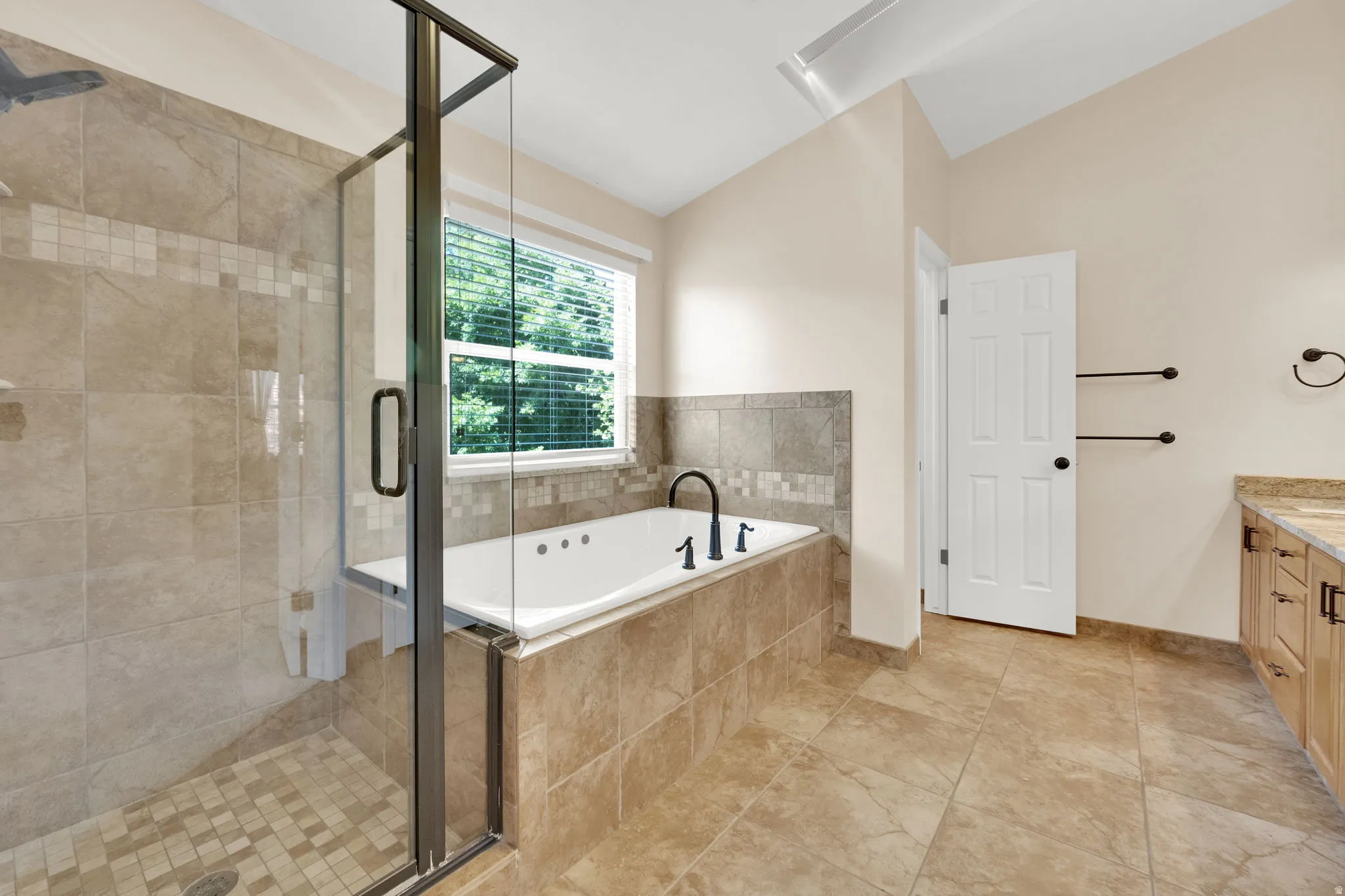 Owners Suite Bathroom Spa-style bathroom featuring a glass-enclosed shower with tile surround, a built-in jetted tub with black