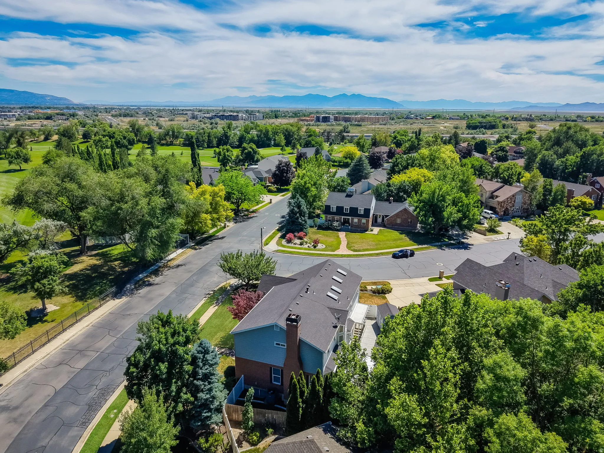 Aerial perspective of a residential neighborhood featuring mature trees and a manicured golf course