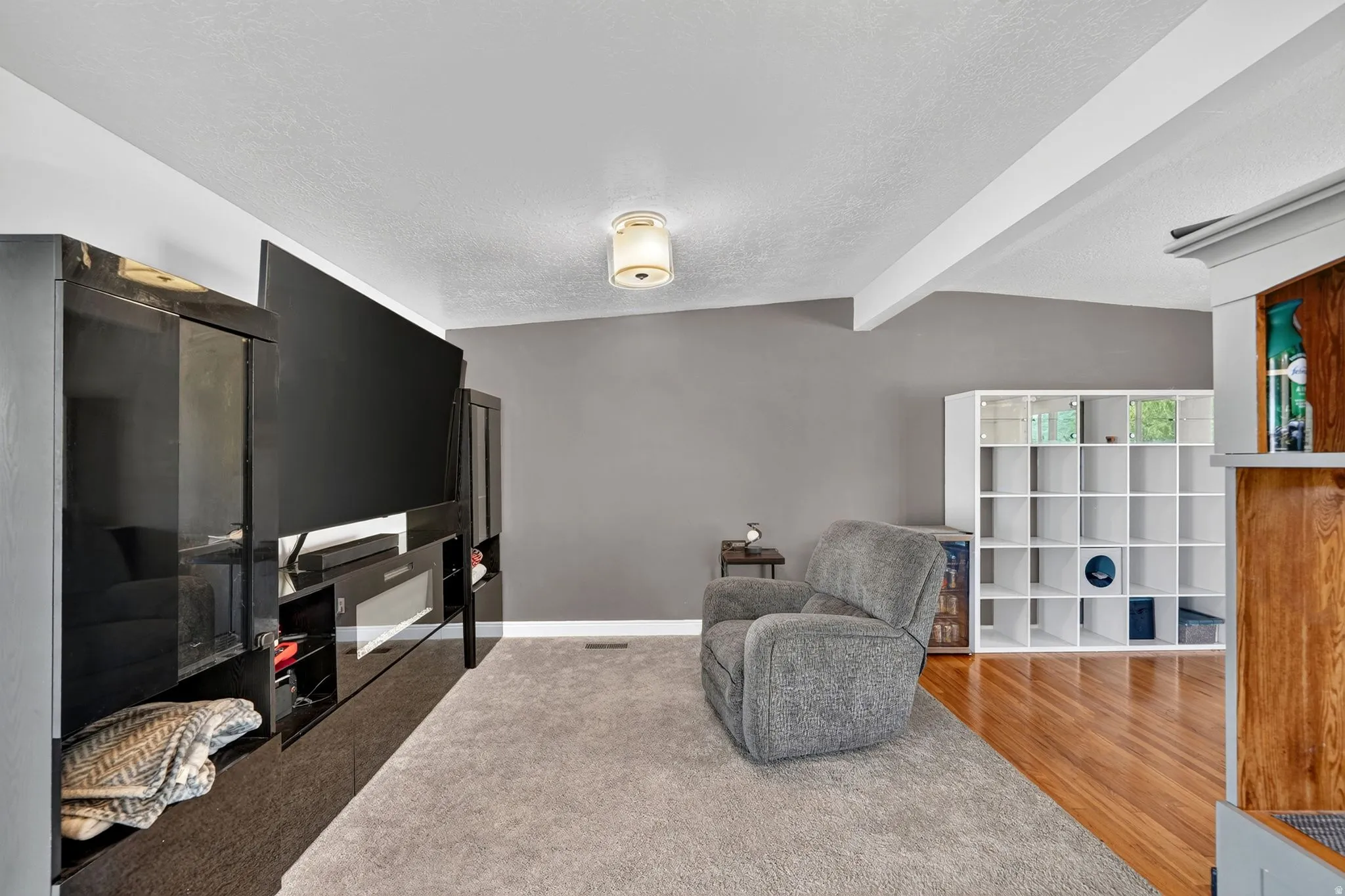 Spacious living area featuring a vaulted ceiling and a ceiling-mounted light fixture