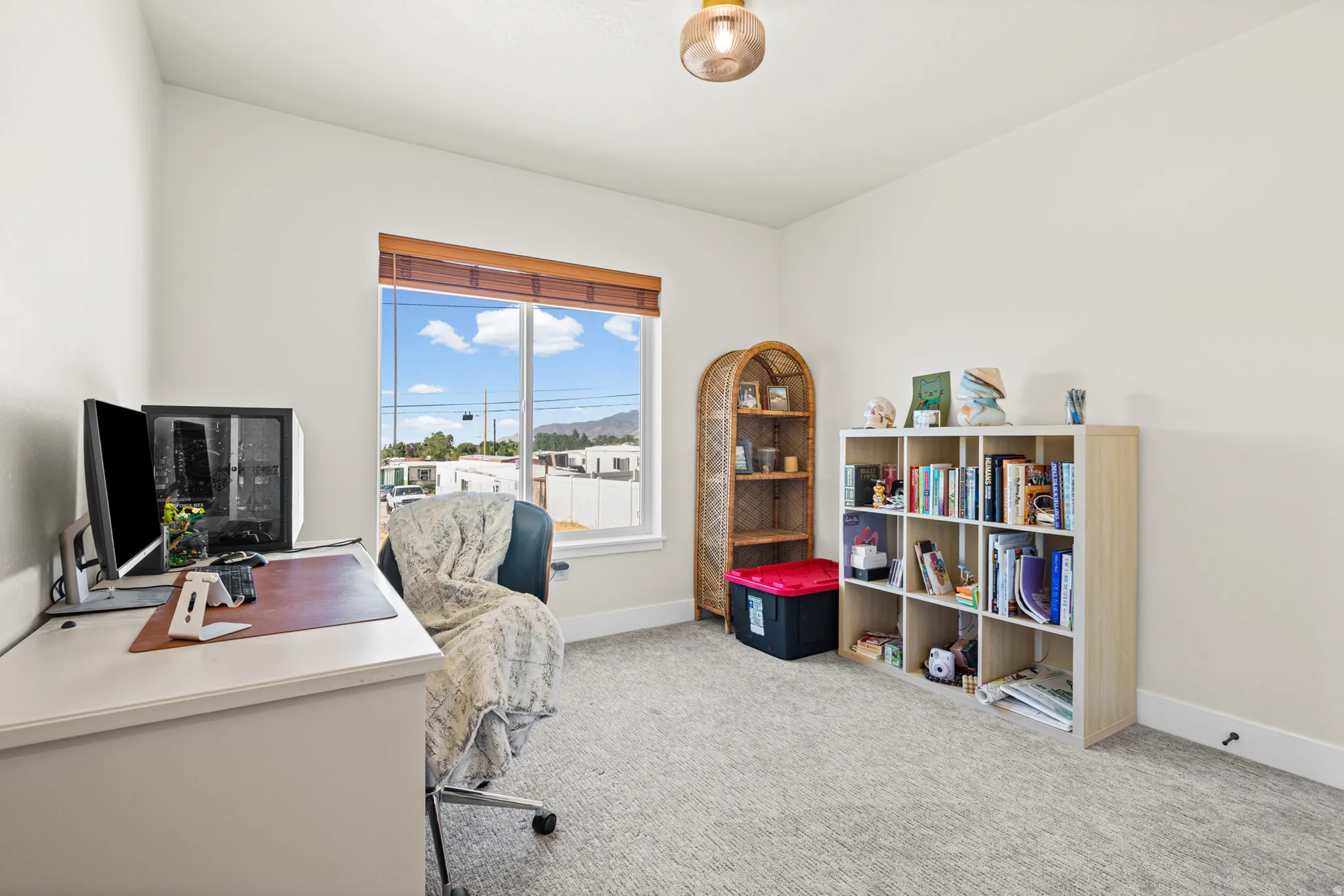 Carpeted room featuring a large window with wood-finish blinds, a built-in light fixture, and white painted walls