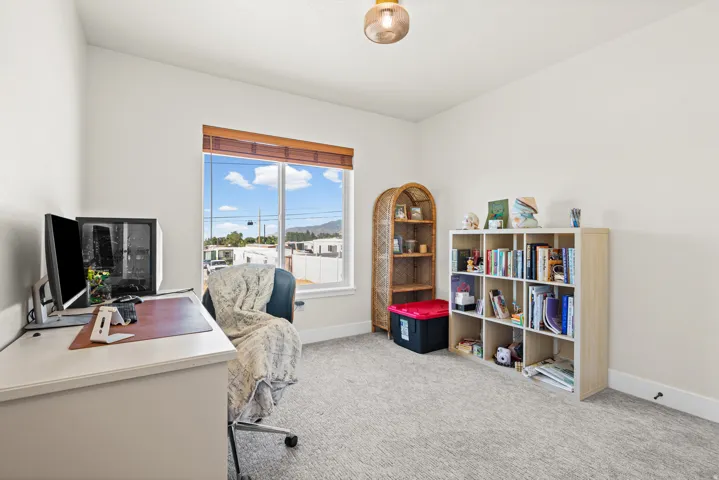 Carpeted room featuring a large window with wood-finish blinds, a built-in light fixture, and white painted walls