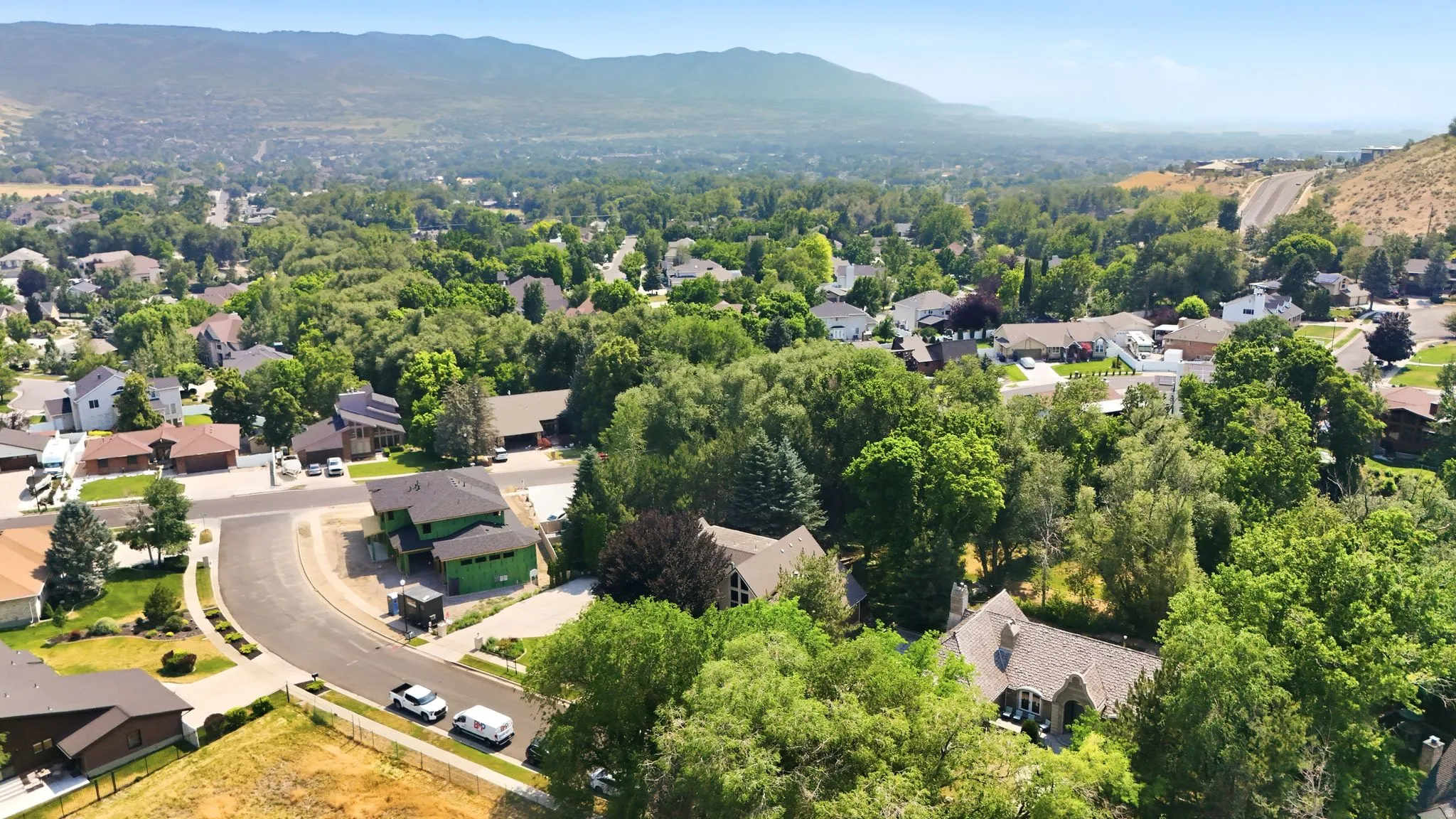 Expansive aerial overview of a residential neighborhood with mature tree coverage