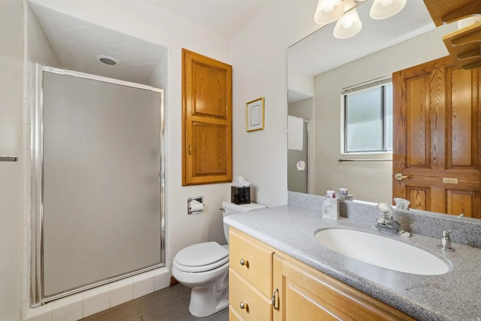 Bathroom featuring a frosted glass shower enclosure, wood-finish vanity with a built-in sink, and a speckled countertop