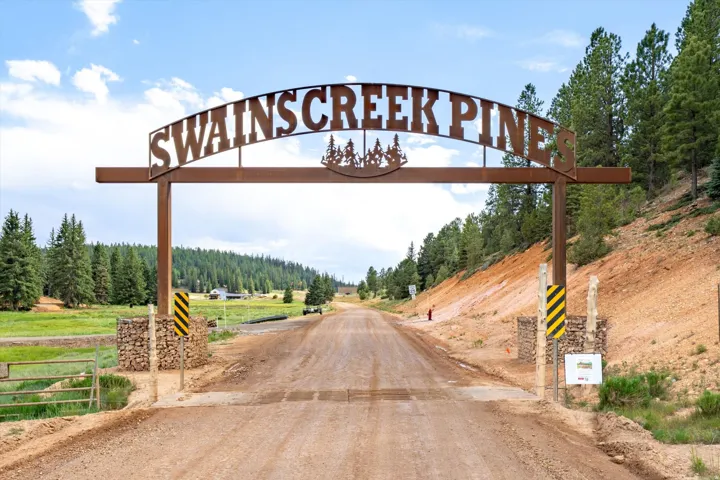 Rustic entrance gate with "SWAINS CREEK PINES" signage, set against a backdrop of mature pine trees and open terrain