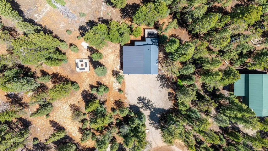 Aerial perspective showcasing a property surrounded by mature trees, featuring a main structure with a dark roof