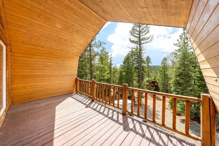 Wood-paneled covered deck featuring a wood railing and expansive tree-lined scenery