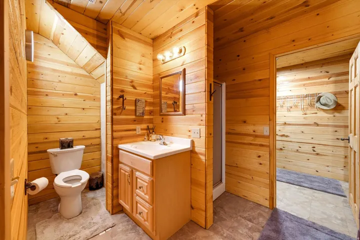 Wood-paneled bathroom featuring a light wood vanity with a white countertop and basin sink, a wall-mounted mirror, and a three-light fixture