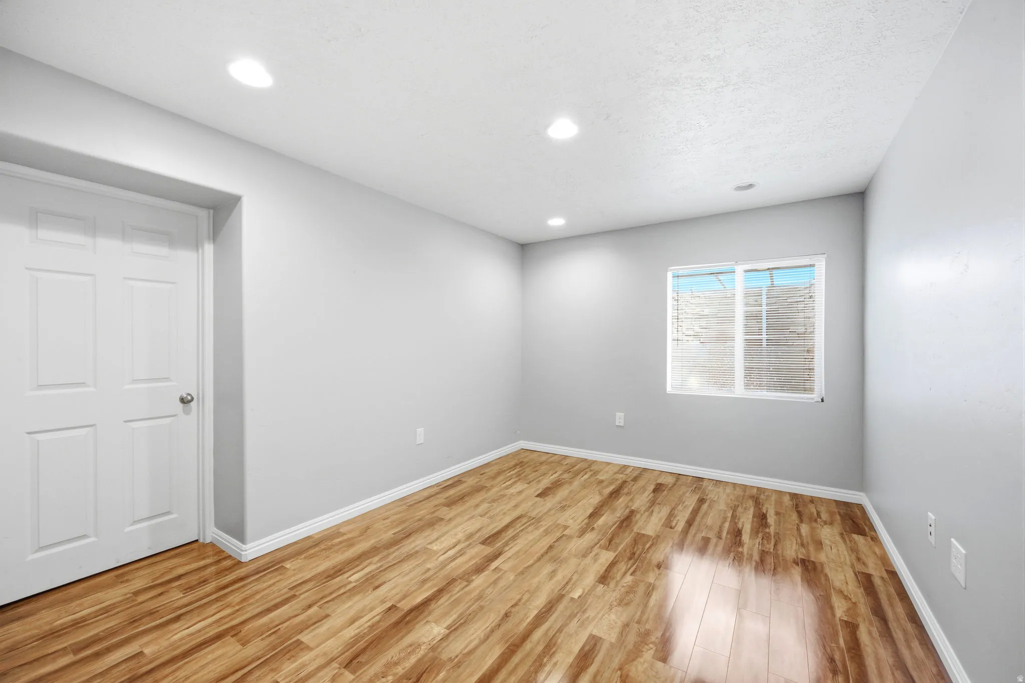 Room featuring wood-finish flooring, recessed lighting, a white six-panel door, and a horizontal window with white trim