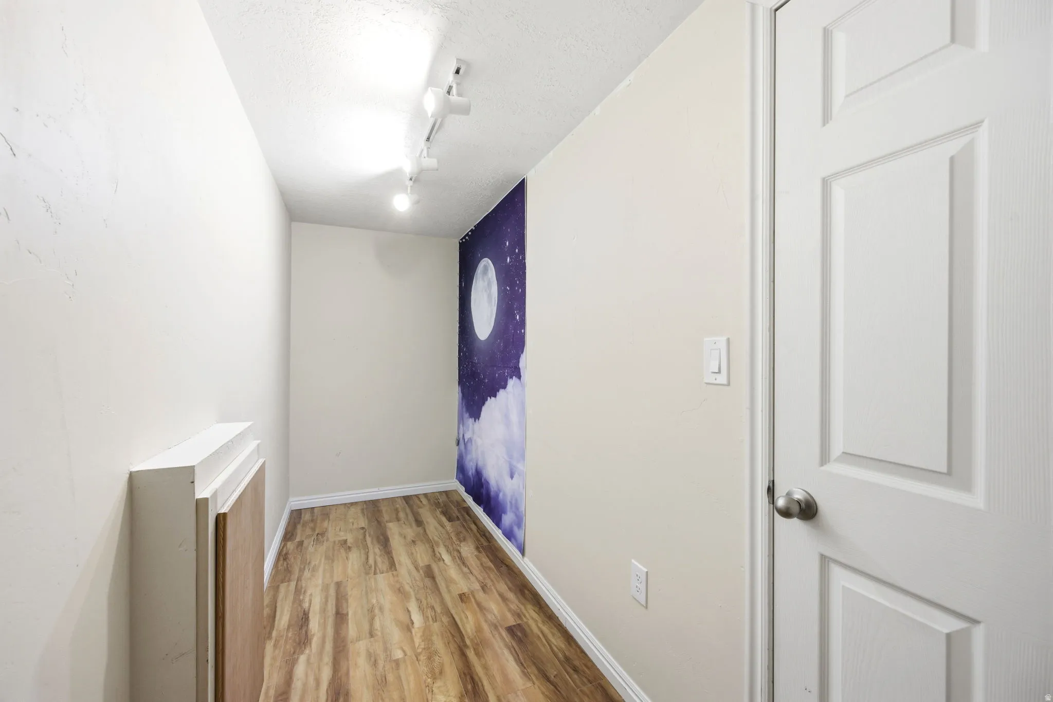 Compact interior space featuring wood-finish flooring, white baseboards, and a celestial-themed accent wall