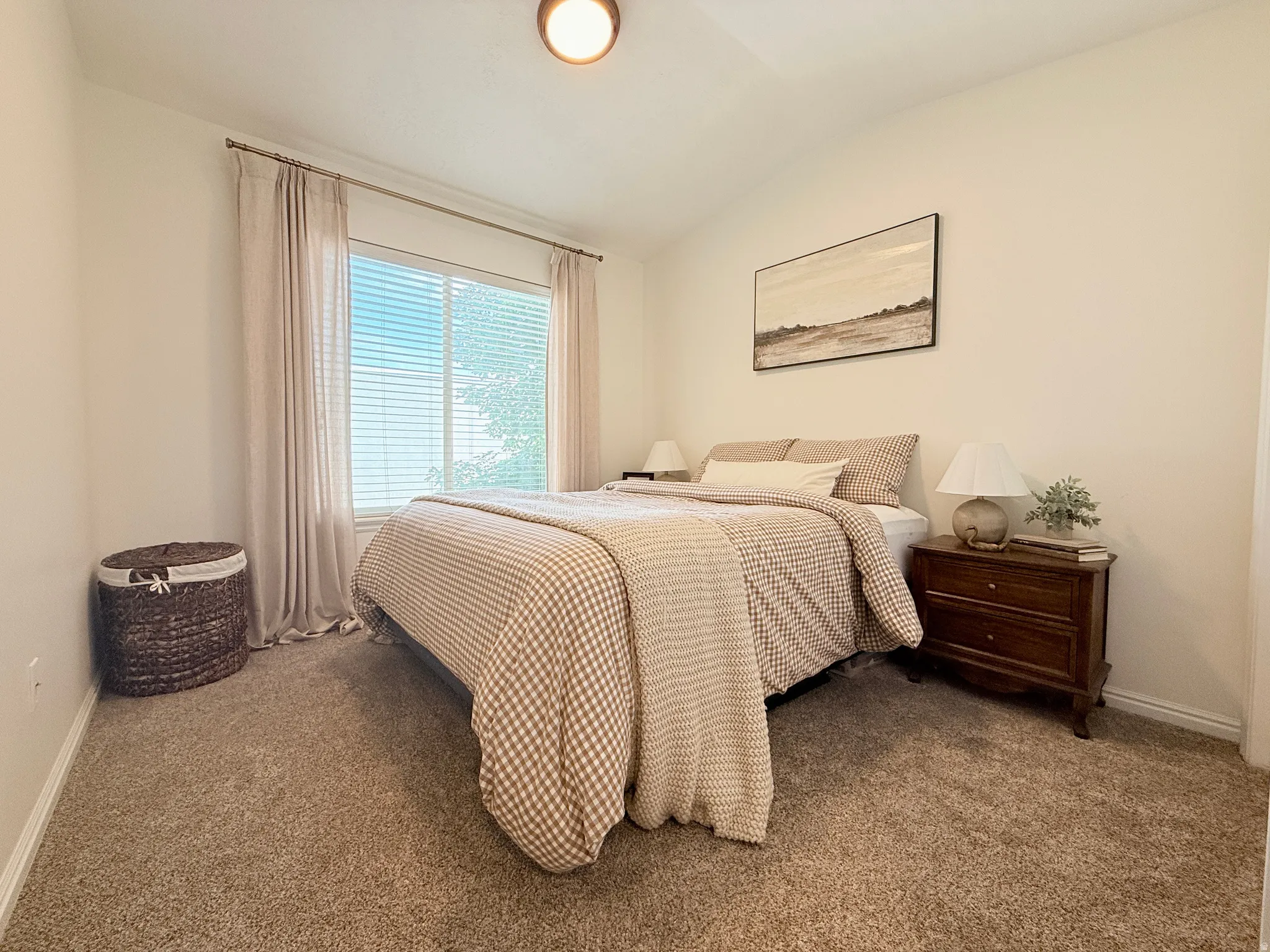 Carpeted bedroom featuring a large window with blinds, ceiling-mounted light fixture, and neutral wall tones