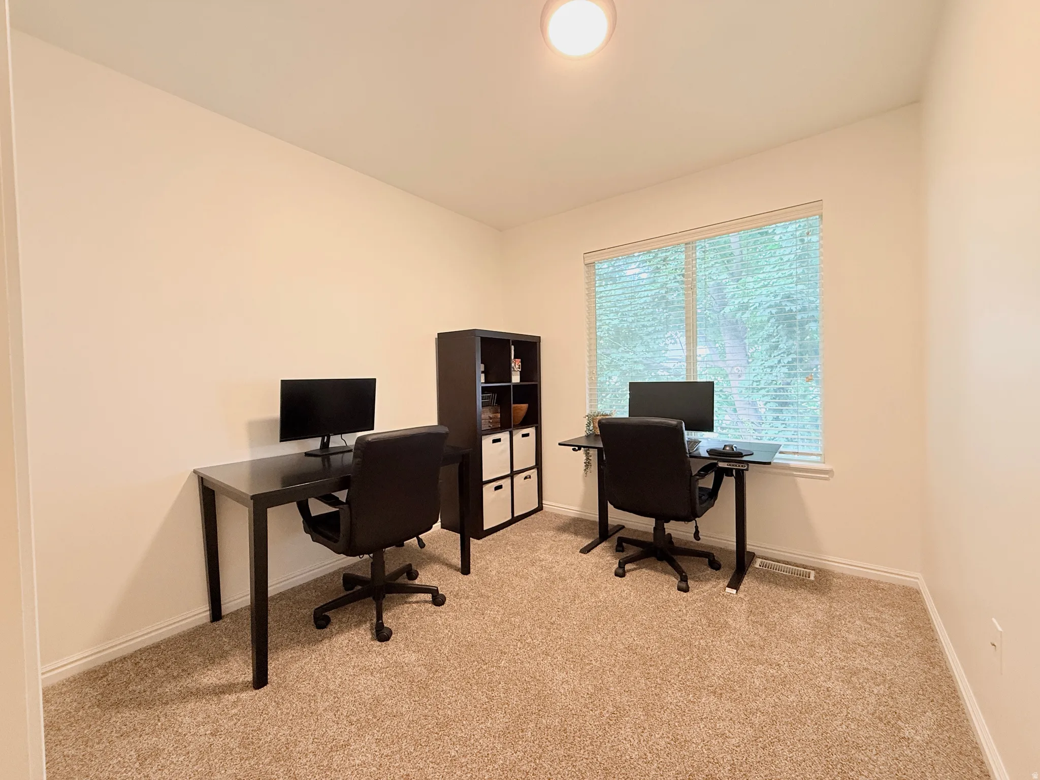 Carpeted room featuring light-toned walls and a single window with blinds